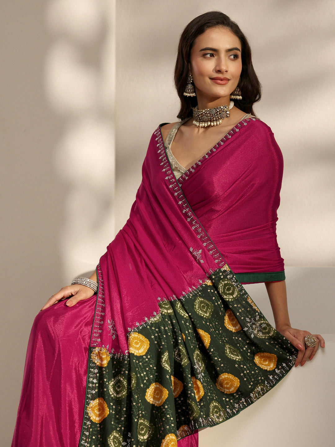  Libas Pink Embellished Border Chinon Saree With Unstitched Blouse Piece 