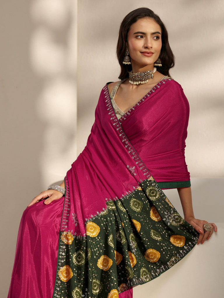Libas Pink Embellished Border Chinon Saree With Unstitched Blouse Piece