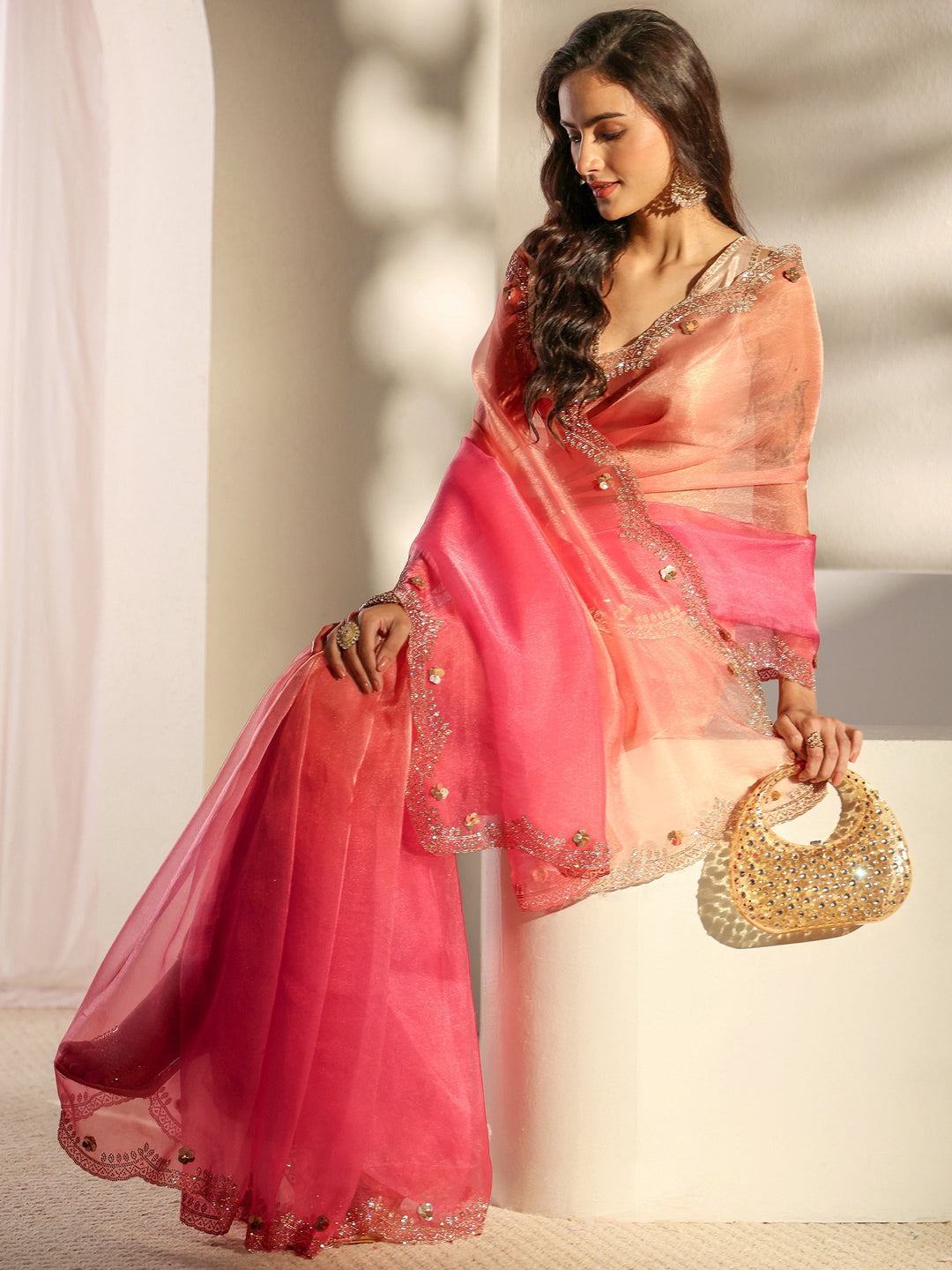  Libas Pink Embellished Border Ombre Tissue Saree With Unstitched Blouse Piece 