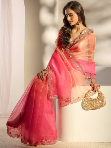 Libas Pink Embellished Border Ombre Tissue Saree With Unstitched Blouse Piece