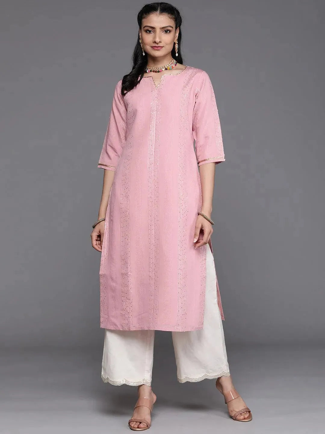 Pink Embellished Chanderi Silk Kurta - Libas