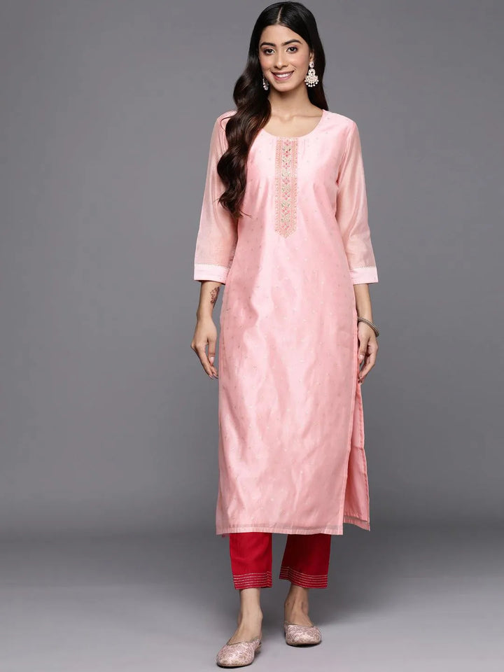 Pink Embellished Chanderi Silk Straight Kurta - Libas