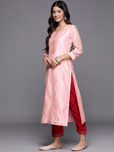 Pink Embellished Chanderi Silk Straight Kurta - Libas