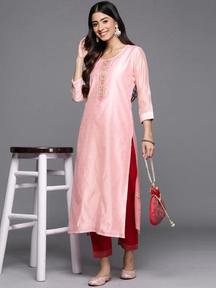 Pink Embellished Chanderi Silk Straight Kurta - Libas