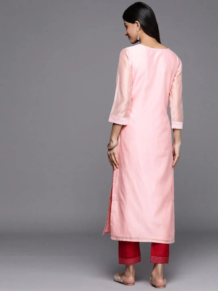 Pink Embellished Chanderi Silk Straight Kurta - Libas