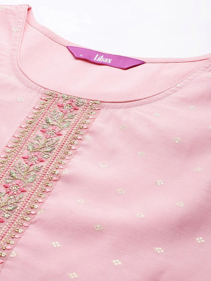 Pink Embellished Chanderi Silk Straight Kurta - Libas