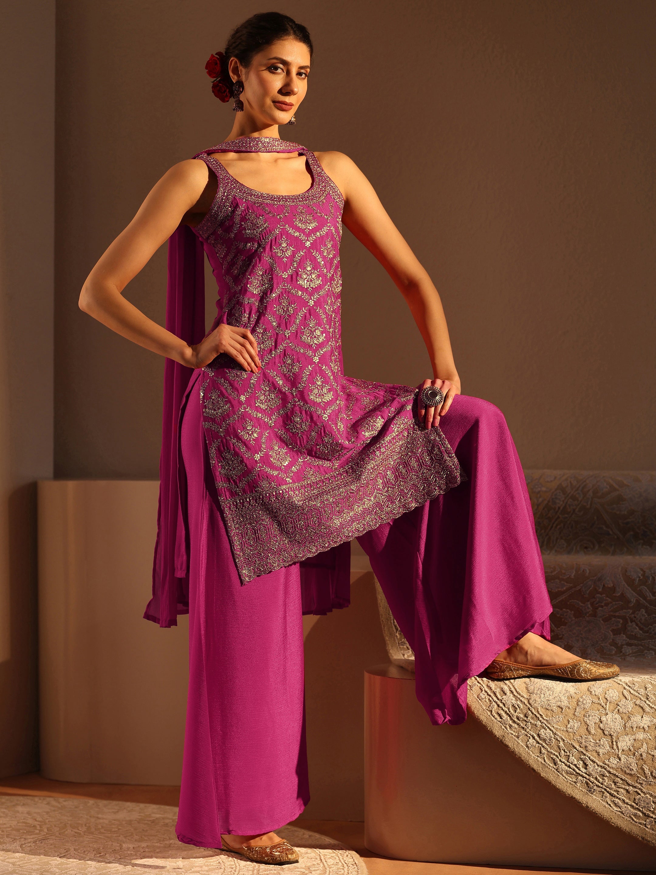 libas Pink Embellished Chinon Palazzo Suit Set With Dupatta-picture-58