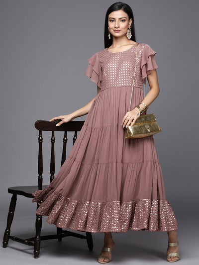 Pink Embellished Georgette Fit and Flare Dress - Libas