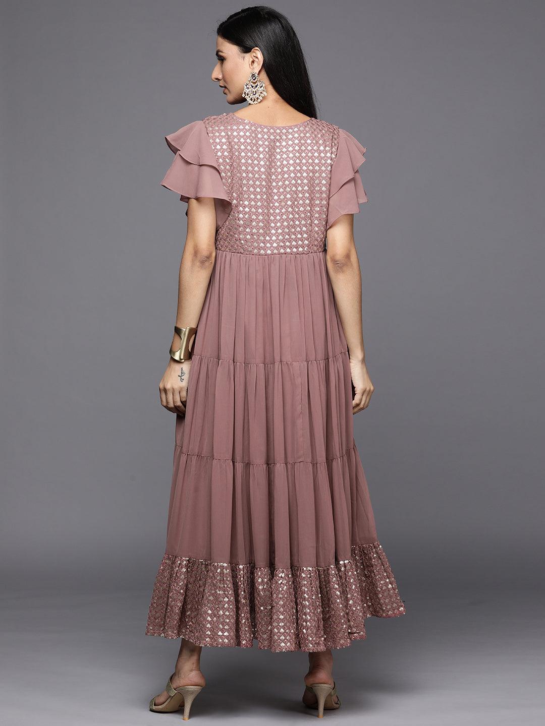 Pink Embellished Georgette Fit and Flare Dress