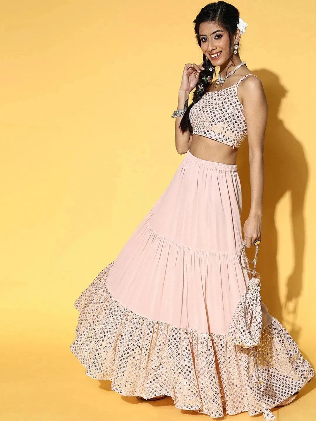 Pink Embellished Georgette Lehenga Set - Libas