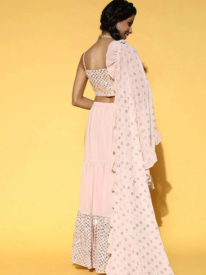 Pink Embellished Georgette Lehenga Set - Libas