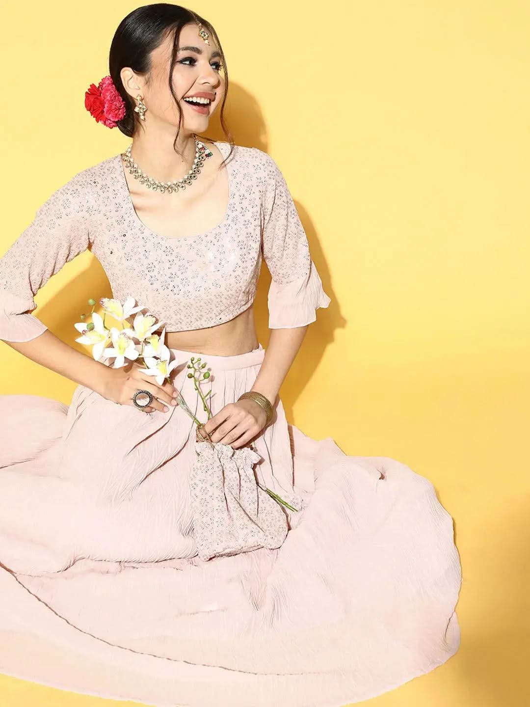 

Pink Embellished Georgette Lehenga Set With Potli Bag