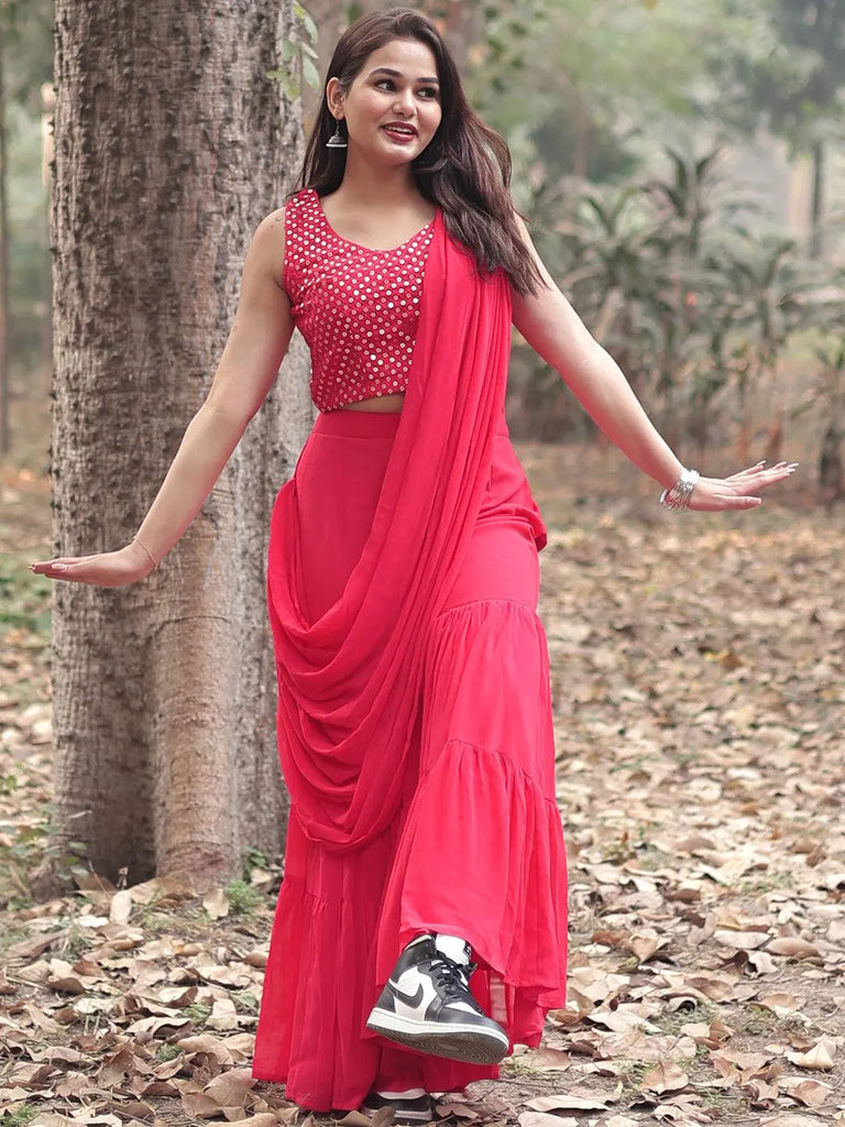 Libas Pink Embellished Georgette Ready to Wear Saree