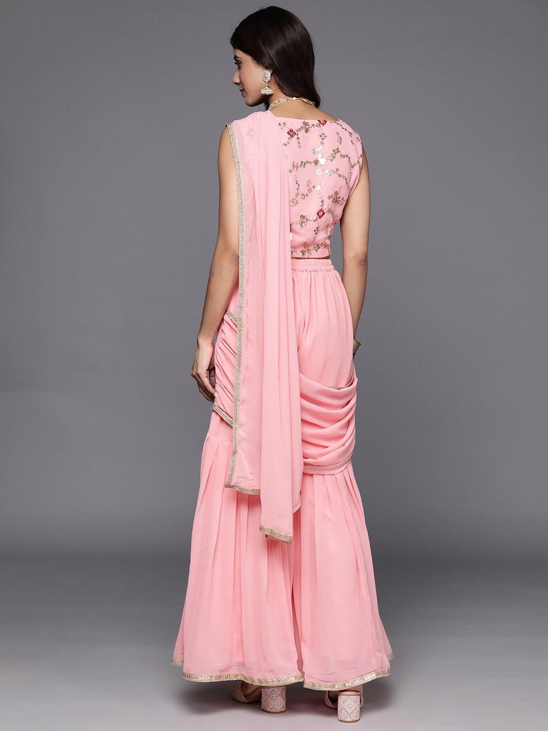 Pink Embellished Georgette Stitched Saree