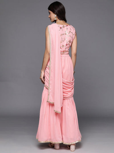 Pink Embellished Georgette Stitched Saree - Libas