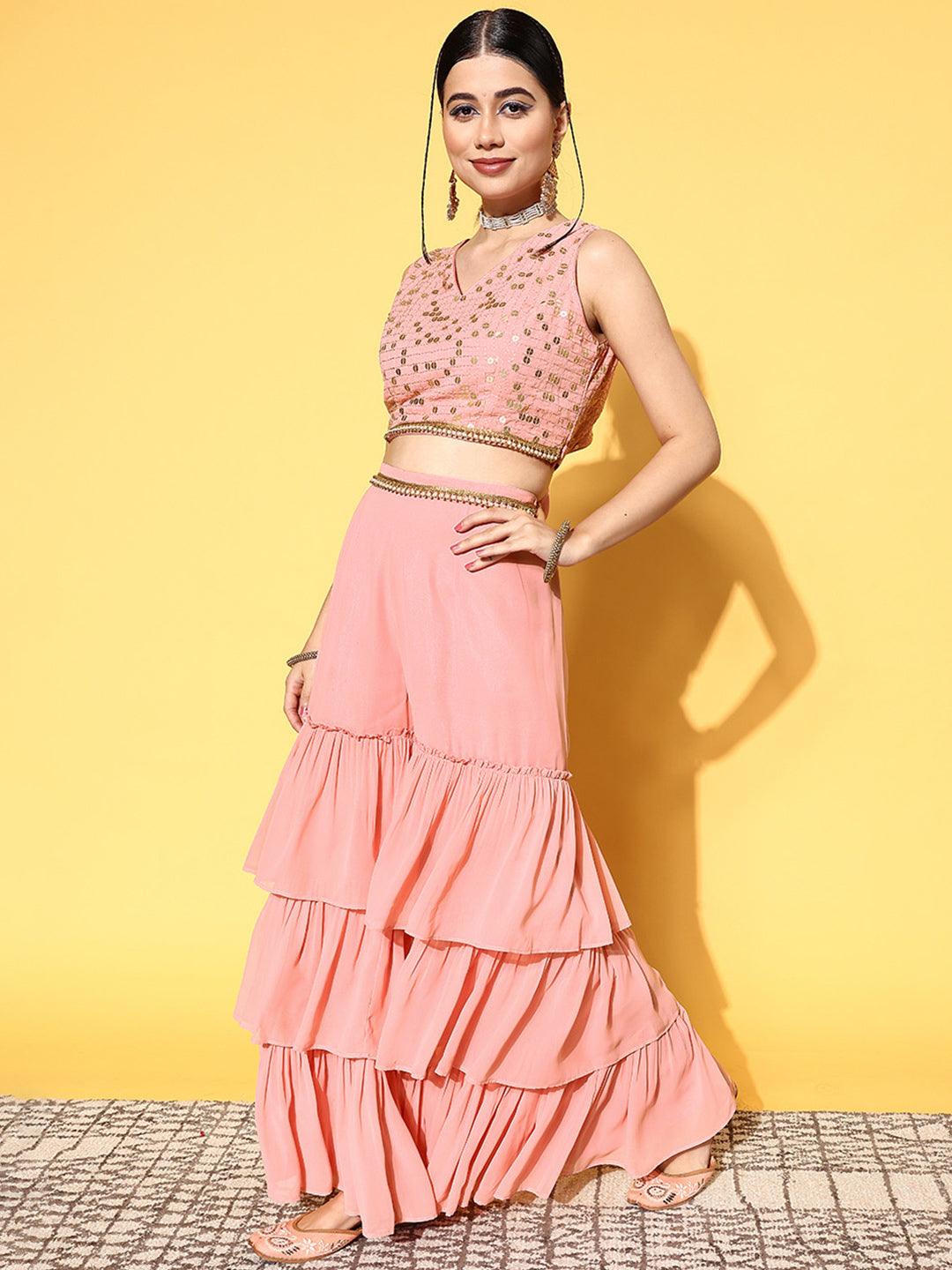 Pink Embellished Georgette Top With Sharara