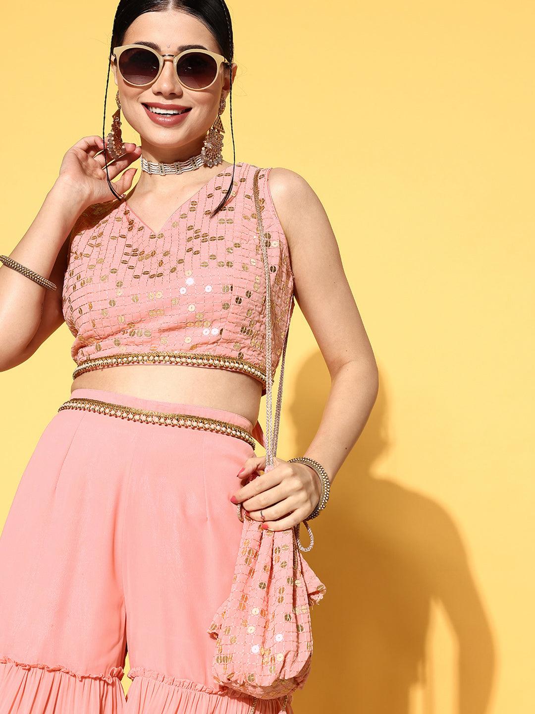 Pink Embellished Georgette Top With Sharara
