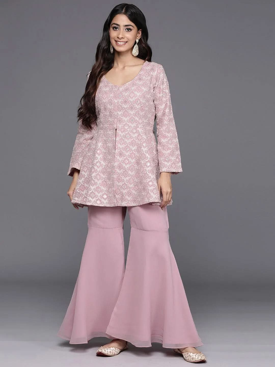 Pink Embellished Georgette Tunic With Palazzos - Libas 