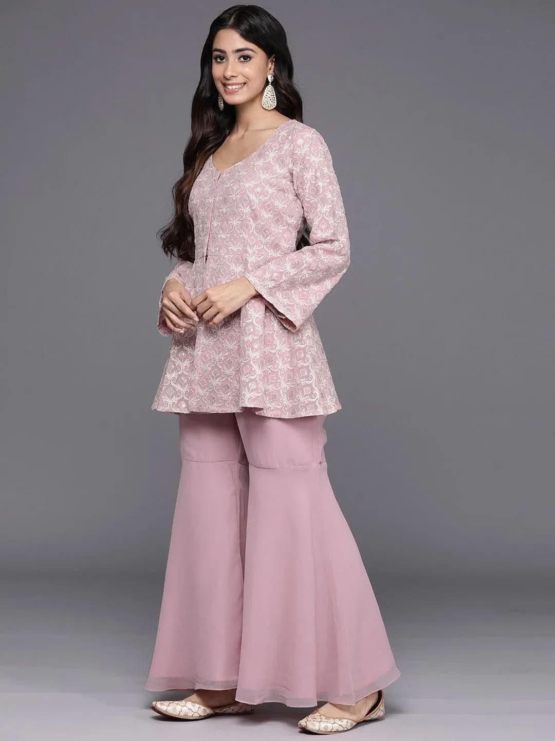 Pink Embellished Georgette Tunic With Palazzos - Libas 