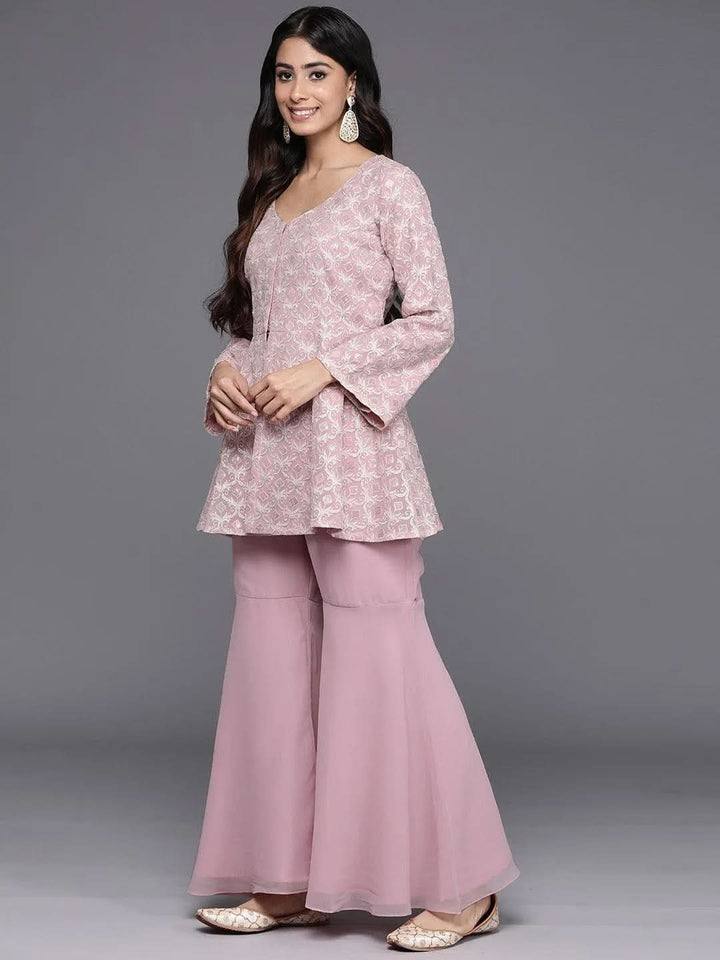Pink Embellished Georgette Tunic With Palazzos - Libas