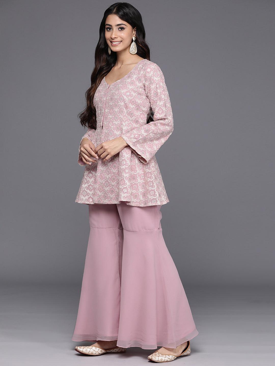 Pink Embellished Georgette Tunic With Palazzos - Libas