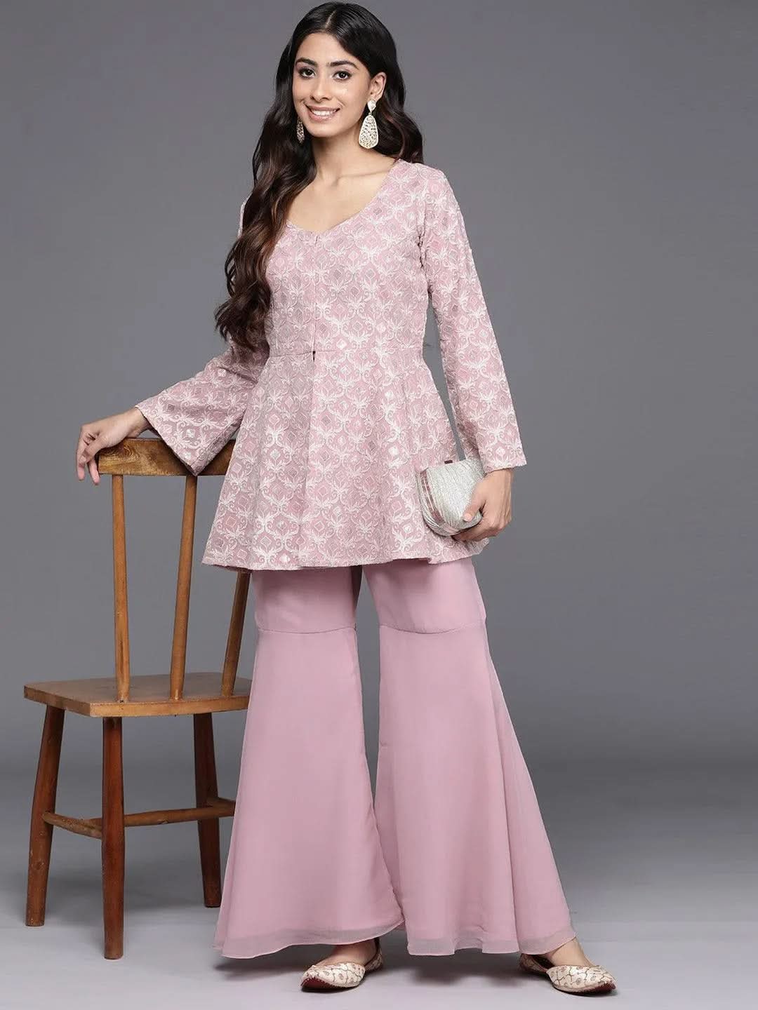 Pink Embellished Georgette Tunic With Palazzos - Libas 