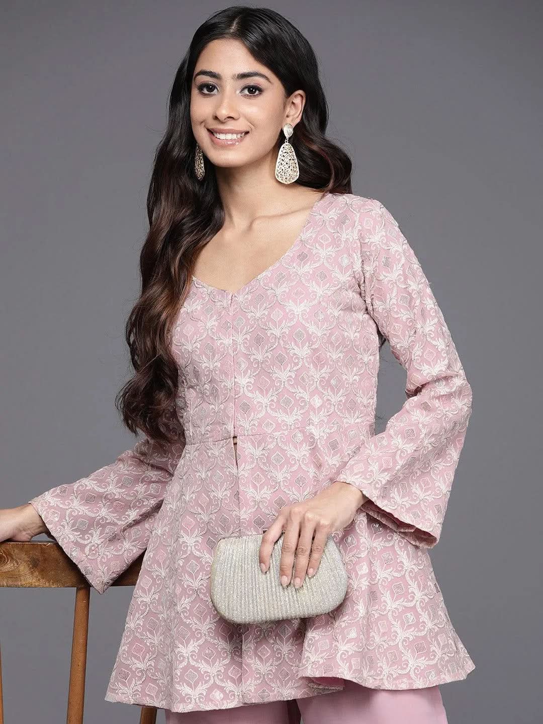 Pink Embellished Georgette Tunic With Palazzos - Libas 