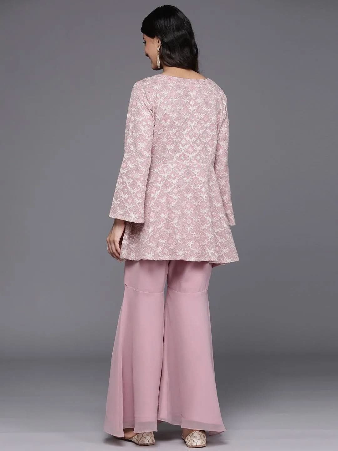Pink Embellished Georgette Tunic With Palazzos - Libas 