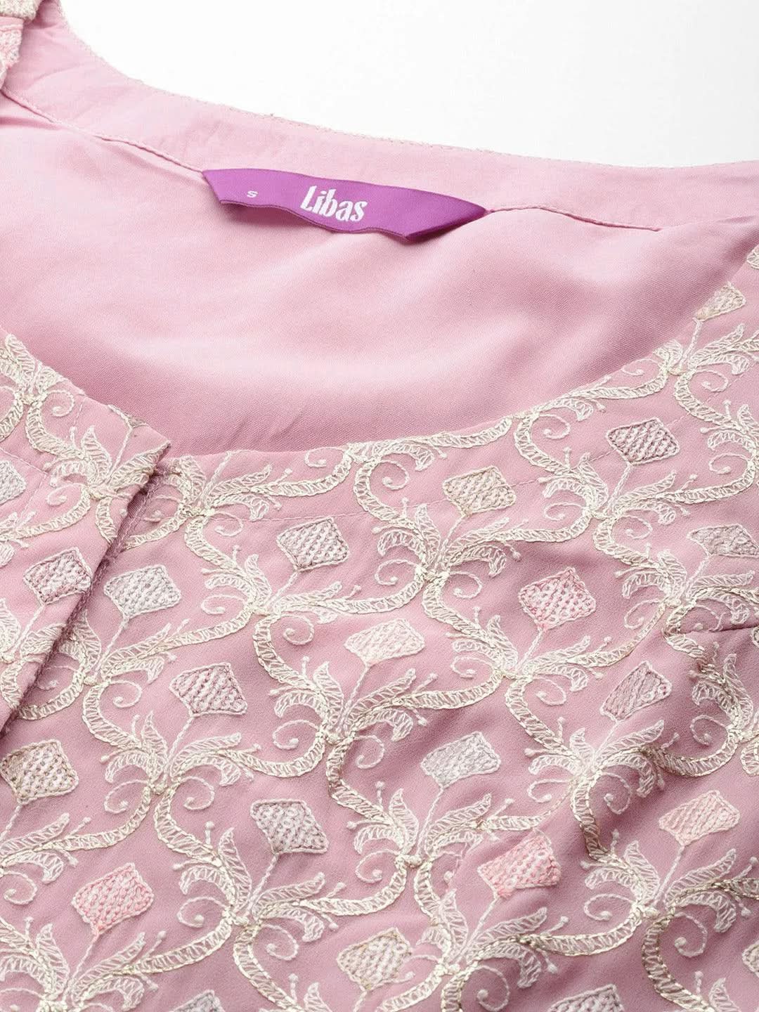Pink Embellished Georgette Tunic With Palazzos - Libas 