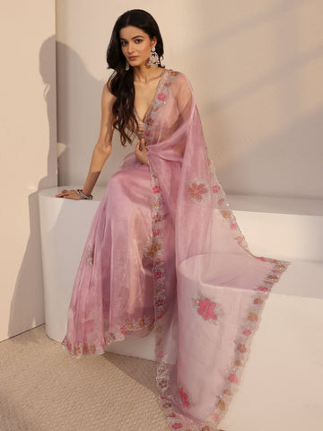 Libas Pink Embellished Organza Saree With Unstiched Blouse Piece