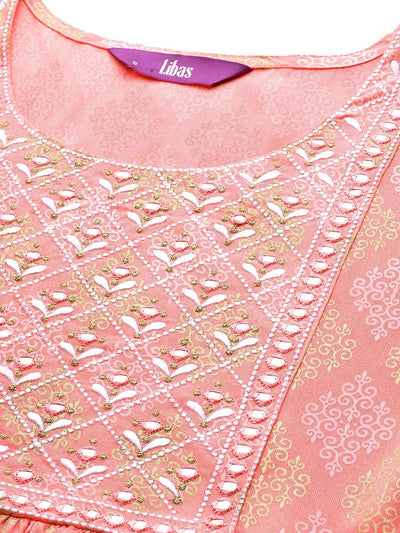 Pink Embellished Rayon A-Line Kurta - Libas