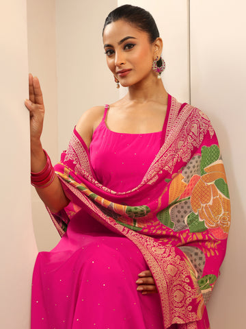 Pink Embellished Silk Blend Anarkali Suit Set With Dupatta
