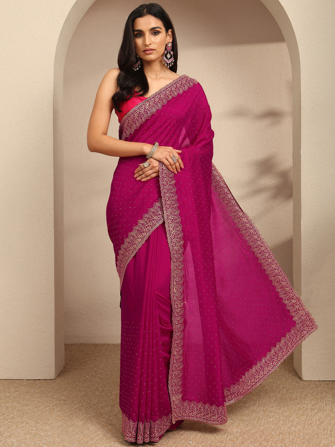  Pink Embellished Silk Blend Saree With Unstitched Blouse Piece 