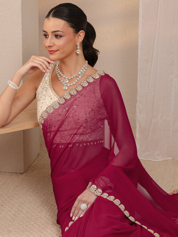 Pink Embellished Silk Blend Saree 
With Unstitched Blouse Piece