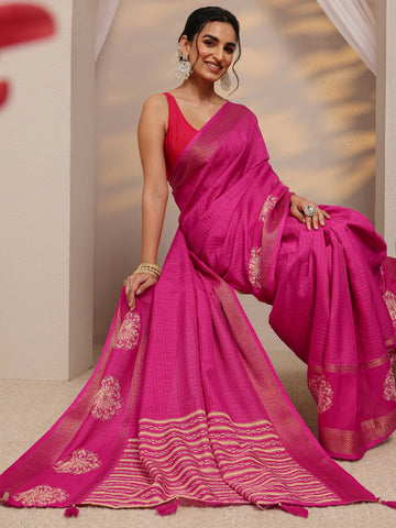Pink Embellished Silk Blend Saree With Unstitched Blouse Piece