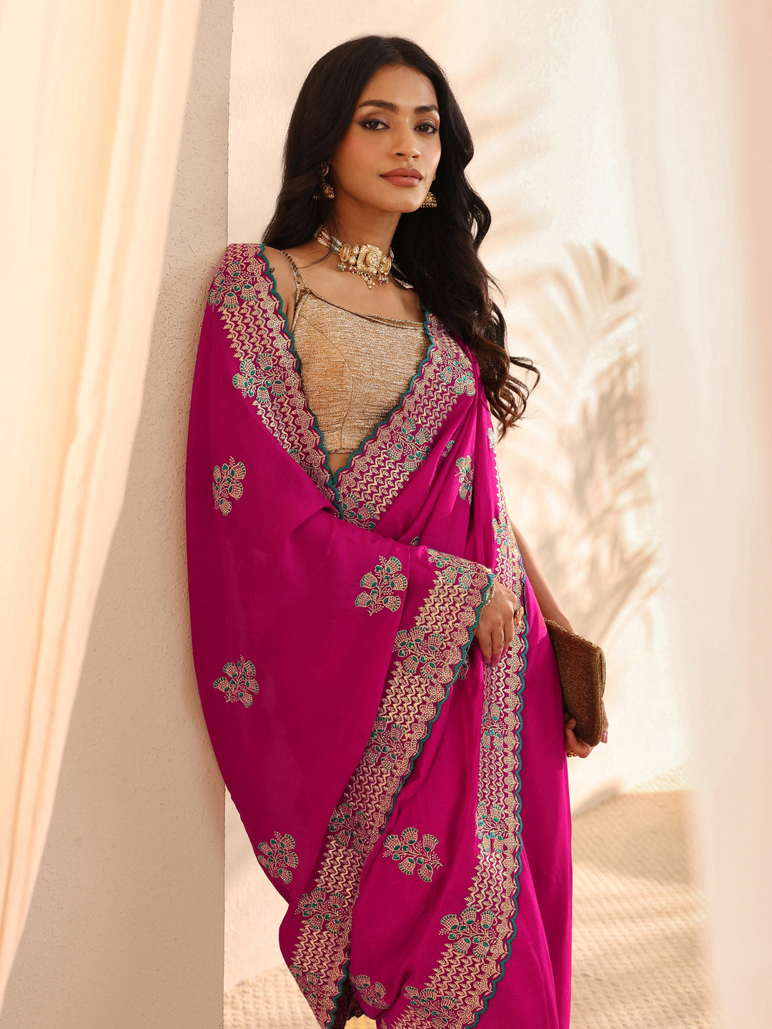 Pink Embellished Silk Blend Saree 
With Unstitched Blouse Piece 