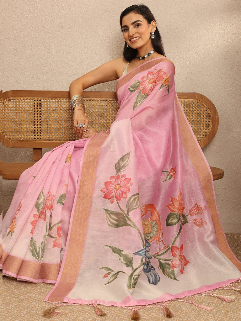 Libas Pink Embellished Silk Blend Saree With Unstitched Blouse Piece