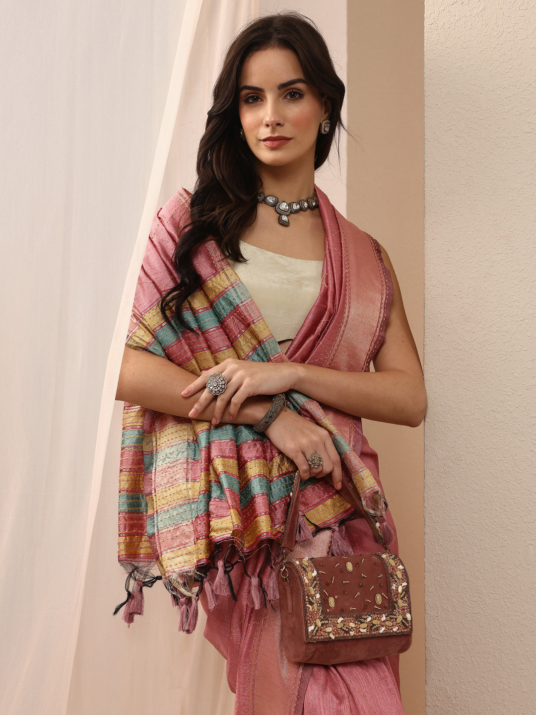  Pink Embellished Silk Blend Saree With Unstitched Blouse Piece 