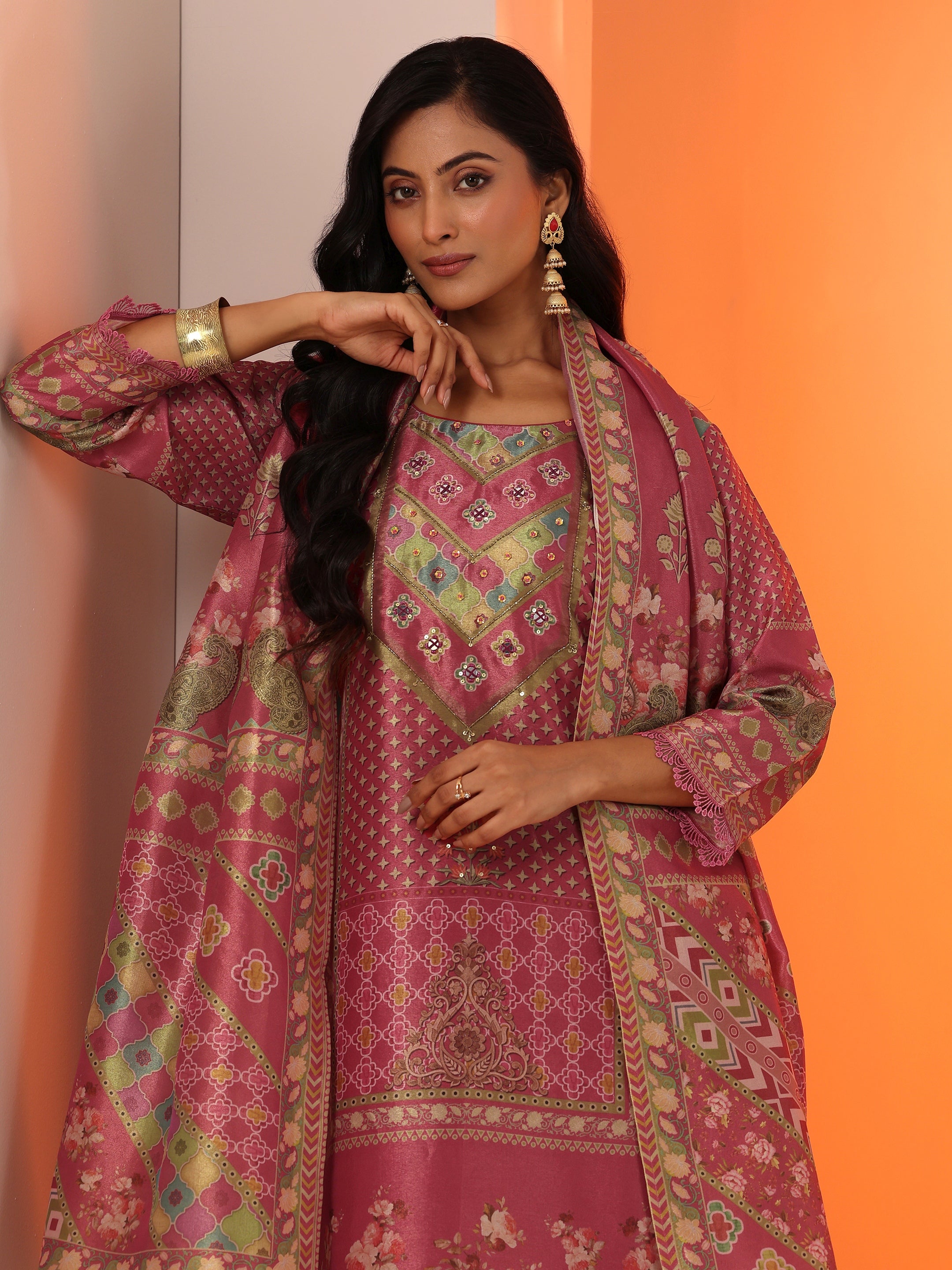 libas Pink Embellished Silk Blend Straight Suit Set With Dupatta-picture-20