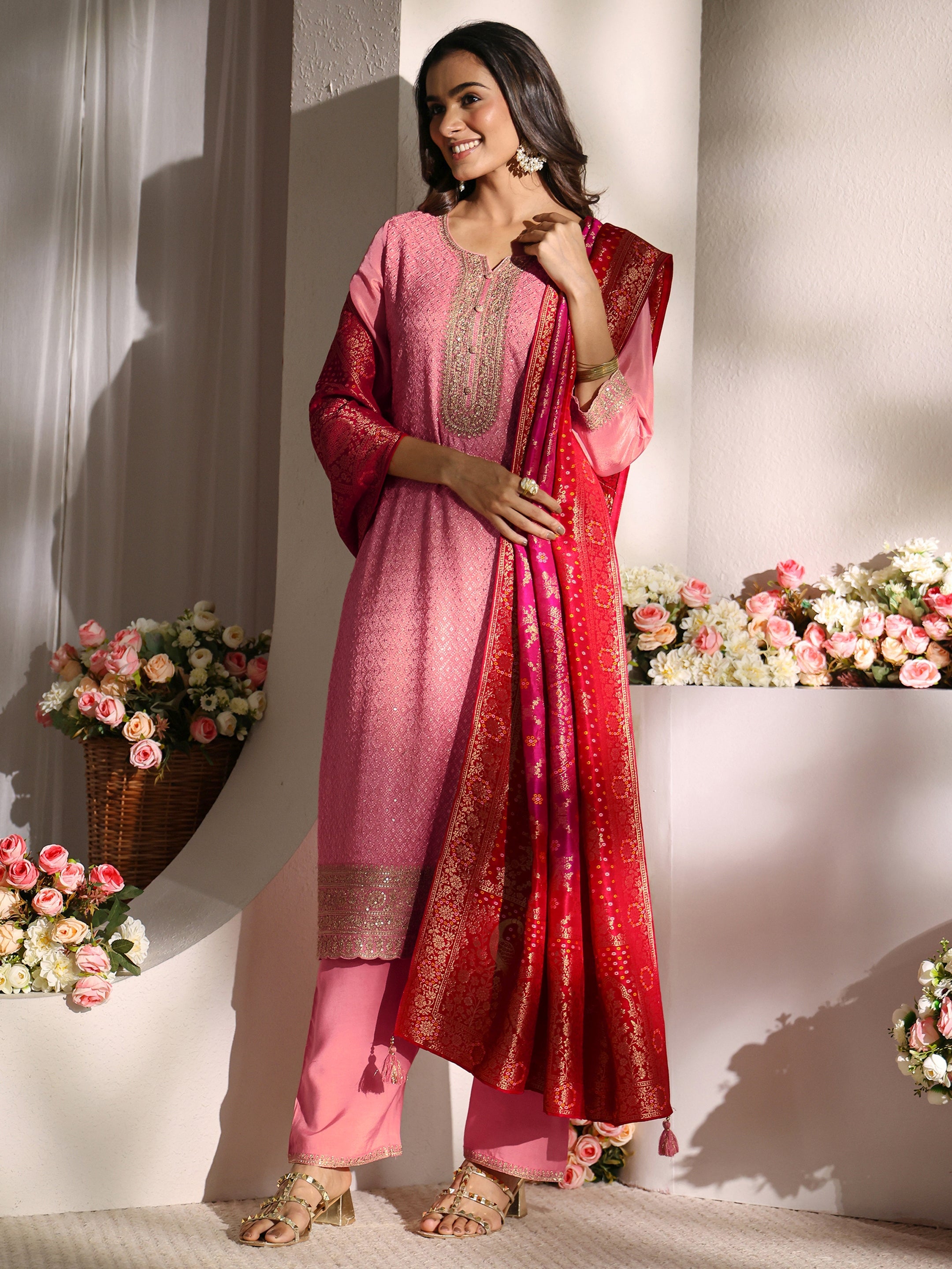 Pink Embellished Silk Blend Straight Suit Set With Dupatta-image-8