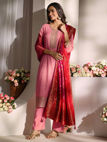 Pink Embellished Silk Blend Straight Suit Set With Dupatta