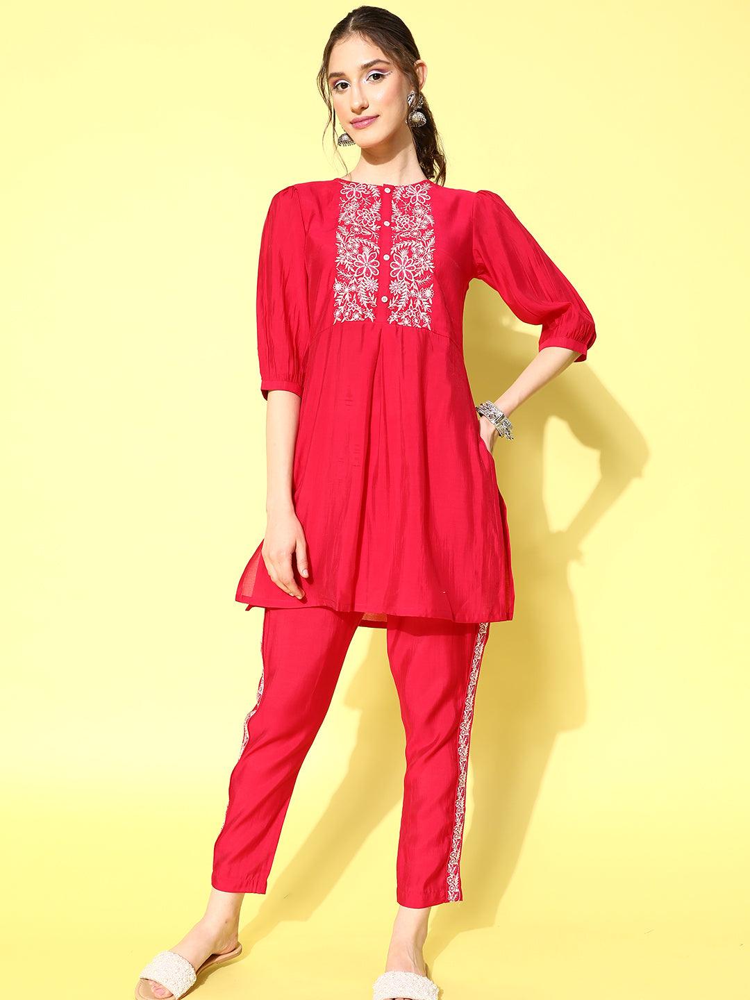 Pink Embellished Silk Blend Straight Tunic With Trousers