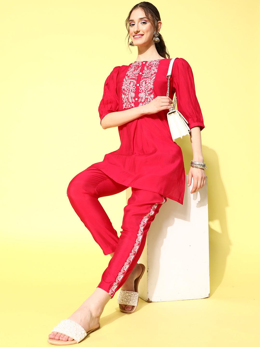 Pink Embellished Silk Blend Straight Tunic With Trousers