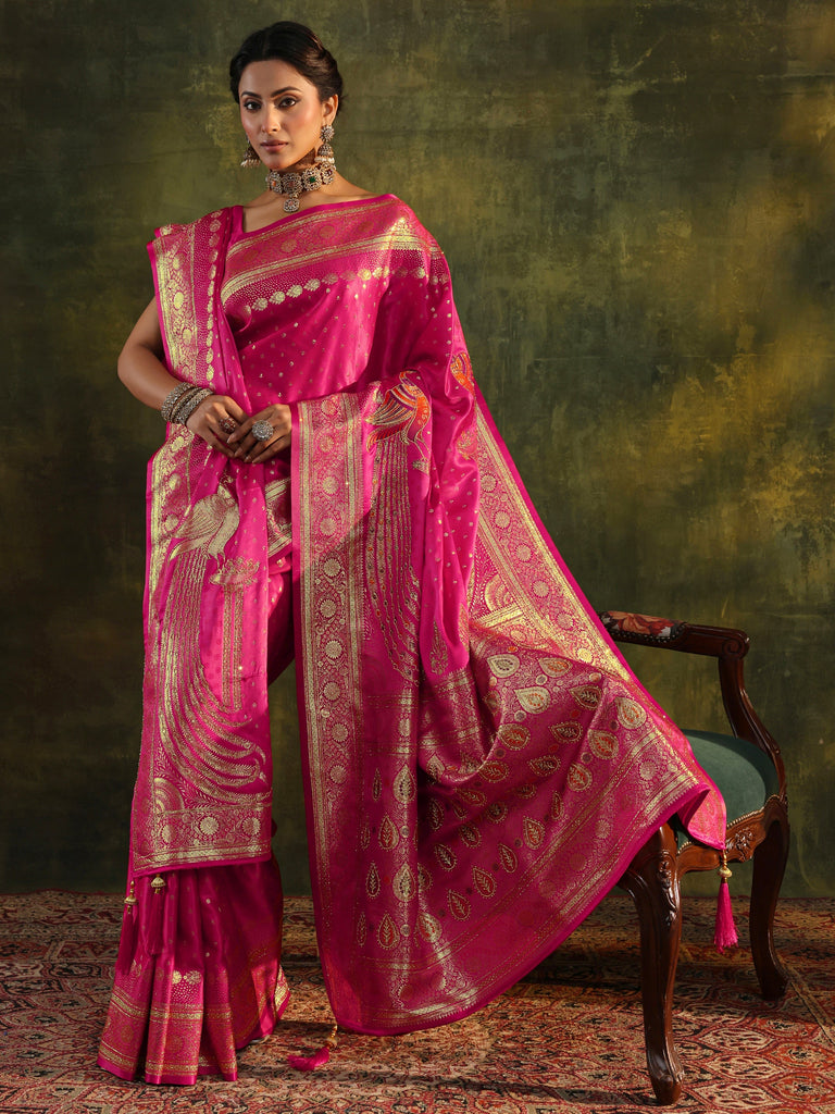 Libas Pink Embellished Silk Saree With Unstitched Blouse And Dupatta