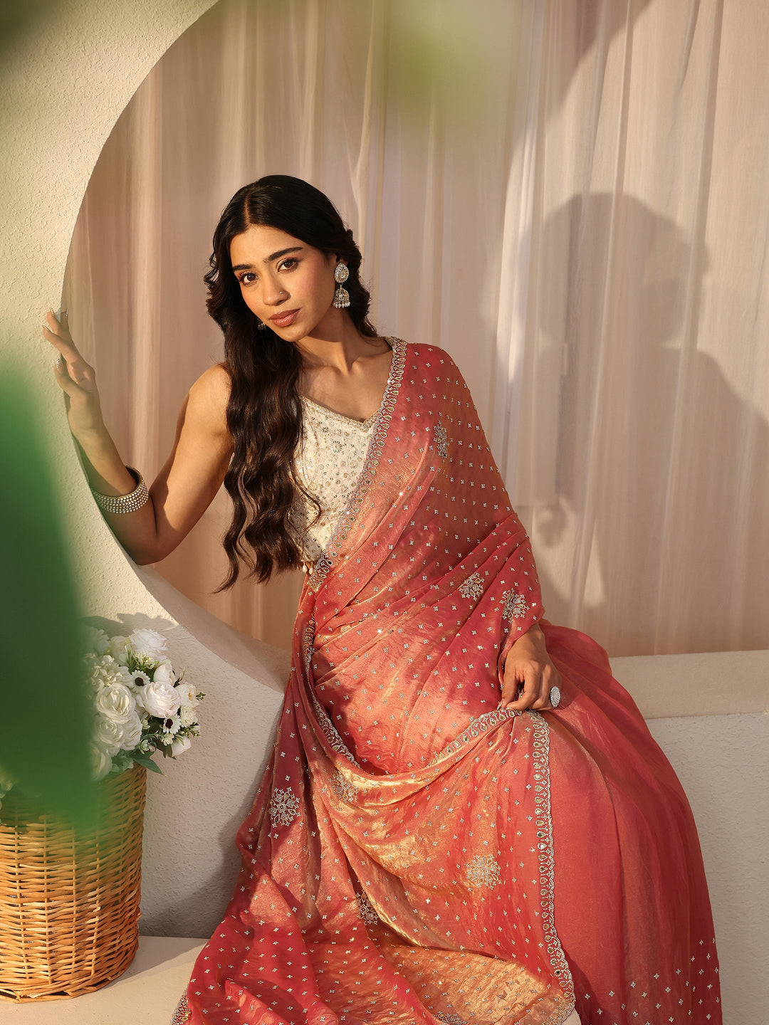  Pink Embellished Tissue Saree 