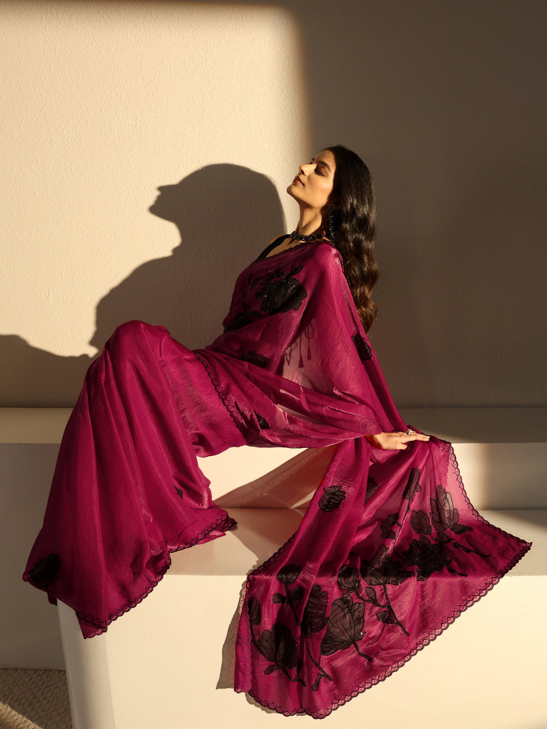Pink Embellished Tissue Saree With Unstiched Blouse Piece