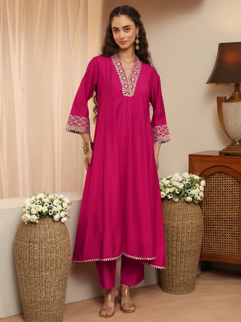Libas Pink Embellished Yoke Design Silk Blend A-Line Kurta Set