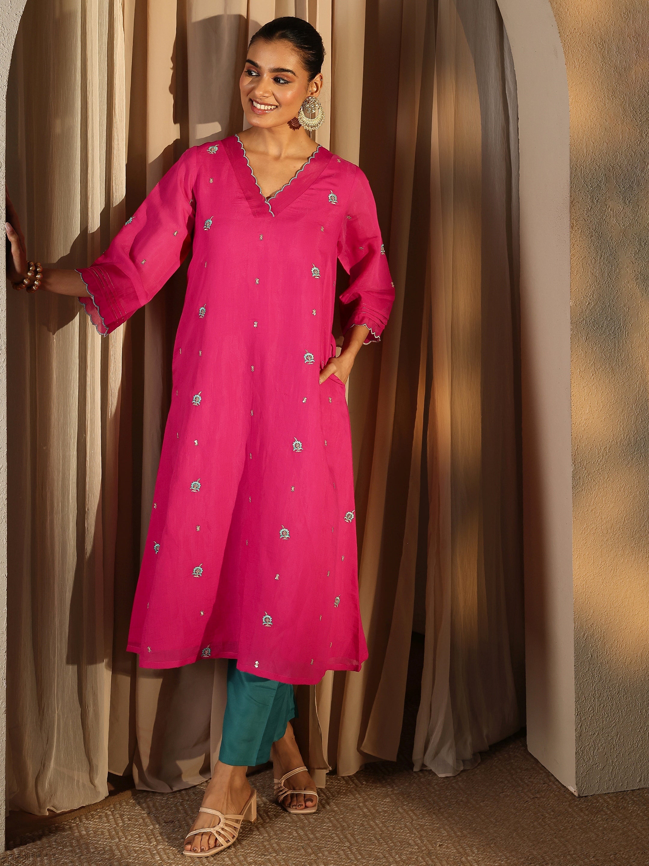 libas Pink Embroidered Chanderi Cotton Straight Kurta-picture-28