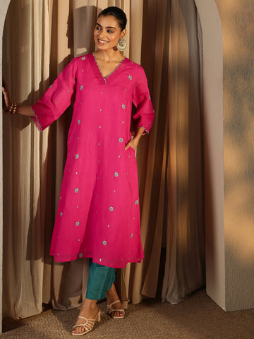 Pink Embroidered Chanderi Cotton Straight Kurta