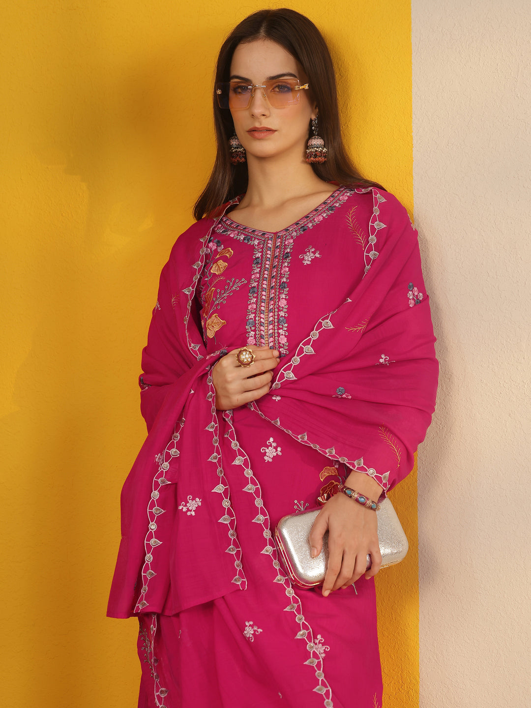  Pink Embroidered Chanderi Cotton Straight Suit Set With Dupatta 